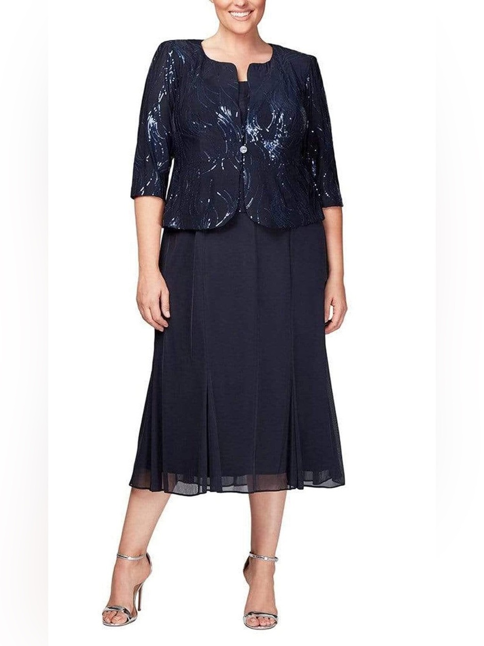 Plus Size Navy A-Line Midi Skirt - Elegant Evening Wear